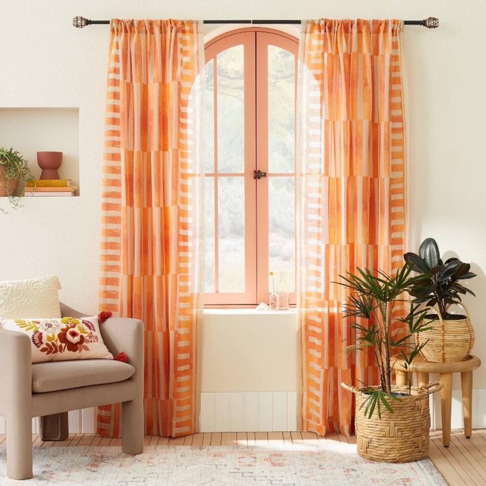 Target opalhouse Ophelia printed orange sheer curtain panel (2) 84”x54”